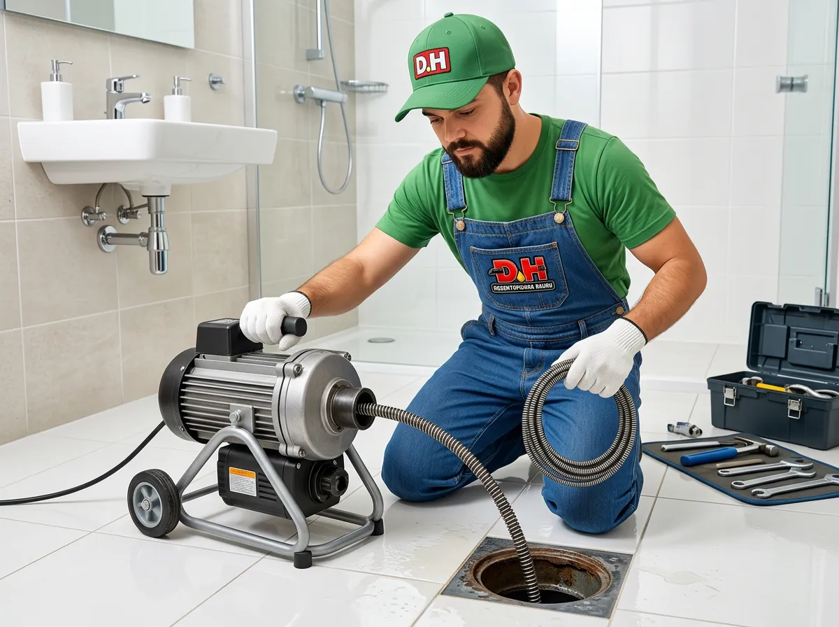 Técnico da D.H utilizando equipamento para desentupimento de ralo.