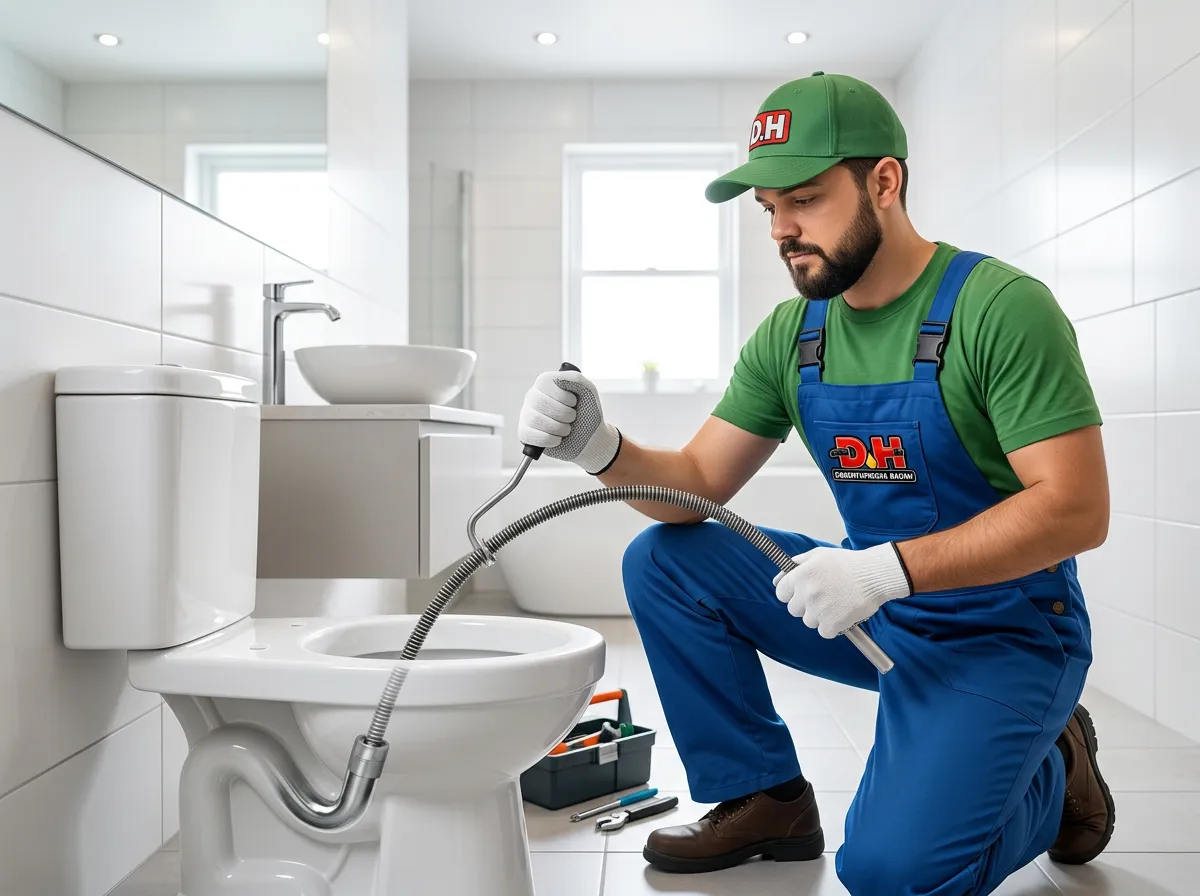 Profissional da D.H realizando desentupimento de vaso sanitário.